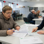 Na grafice przedstawiono wnętrze nowoczesnego urzędu (przypominającego placówkę Zakładu Ubezpieczeń Społecznych) w realistycznym ujęciu