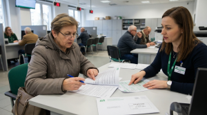 Na grafice przedstawiono wnętrze nowoczesnego urzędu (przypominającego placówkę Zakładu Ubezpieczeń Społecznych) w realistycznym ujęciu