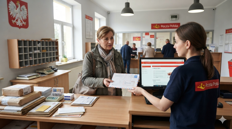 Zdjęcie przedstawia wnętrze placówki Poczty Polskiej w godzinach pracy